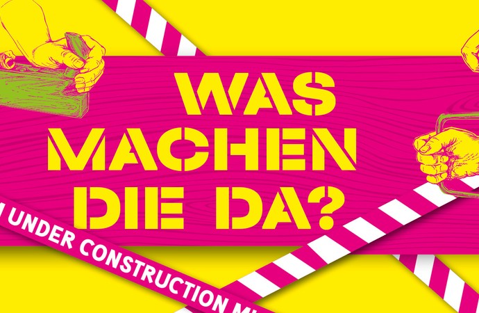 Hände mit Handbohrer und Hobel, dazwischen die Frage "Was machen die da?"