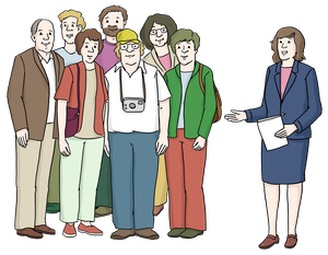 Eine Gruppe Menschen und eine Frau. Die Frau leitet die Führung für die Gruppe.