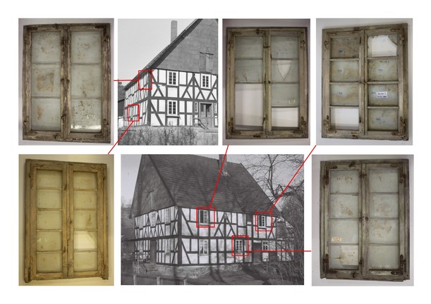 Übersicht der original erhaltenen Fenster mit einer Zuordnung auf dem historischen Foto.