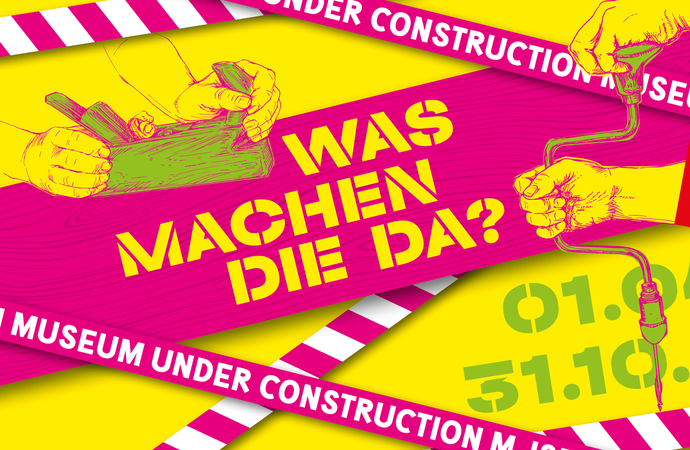Hände mit Handbohrer und Hobel, dazwischen die Frage "Was machen die da?"