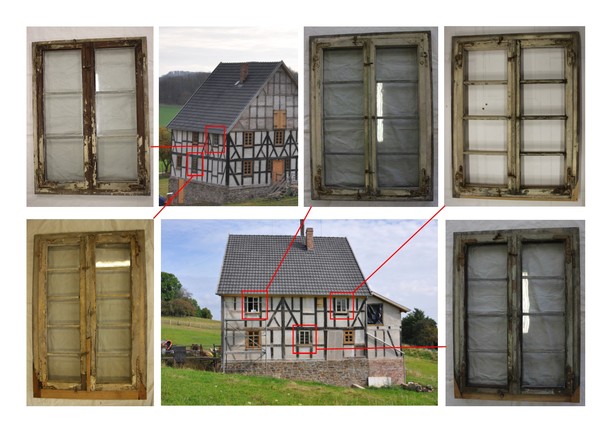 Übersicht der restaurierten Fenster nach ihrem Wiedereinbau im Haus Stöcker.