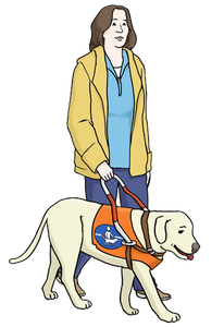 Eine Frau mit ihrem Hund. Der Hund hat Arbeitsgeschirr an.