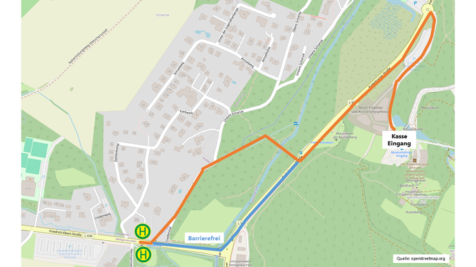 Fußweg von der Bushaltestelle zum Museumseingang