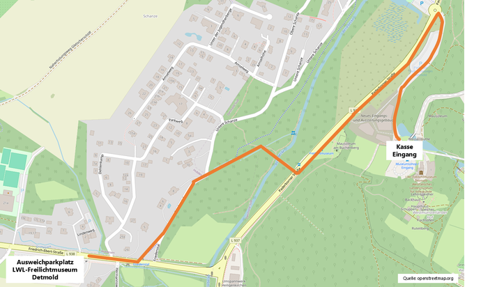 Kartenausschnitt mit markiertem Fußweg zum Museum