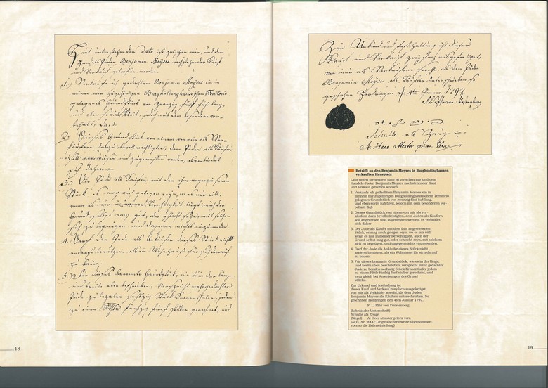 Der Kaufvertrag besagt:  1. Der Graf von Fürstenberg verkauft ein Grundstück von 25x25 Fuß an Moyses.  2. Ein durch den Grafen Bevollmächtigter weist das Grundstück aus und misst es aus.  3. Der Verkäufer sucht das Grundstück aus, der Käufer hat mit dieser Wahl zufrieden zu sein.  4. Der Käufer darf lediglich ein Wohnhaus darauf bauen.  5. Kaufpreis: 60 Kronenthaler (jeden zu einem Reichstaler, 55 Stuber gerechnet).