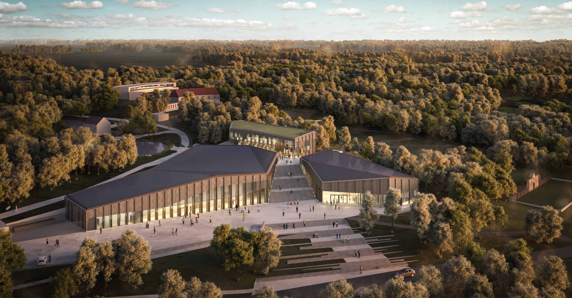 Dreidimensionales Modell des neuen Eingangs- und Ausstellungsgebäude.