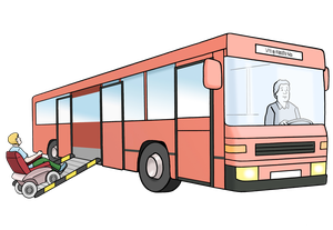 Ein Bus. An der Seite vom Bus ist eine Rampe. Auf der Rampe ist ein Mensch im Rollstuhl. So kommt der Mensch in den Bus.