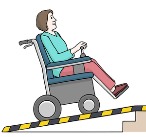 Eine Frau in einem Rollstuhl. Der Rollstuhl ist auf einer Rampe. DIe Rampe liegt auf einer Treppe. Die Frau kann die Rampe hoch-fahren.
