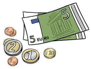 Zwei 5 Euro Geld-Scheine, eine 2 Euro-Münze, eine 1-Euro-Münze und ein paar Cent-Münzen