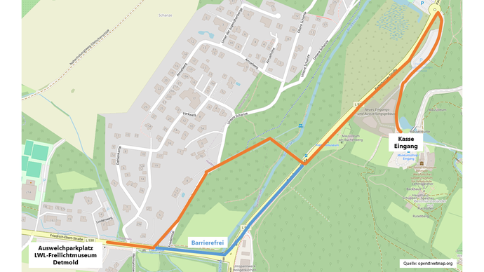 Kartenausschnitt mit markiertem Fußweg zum Museum