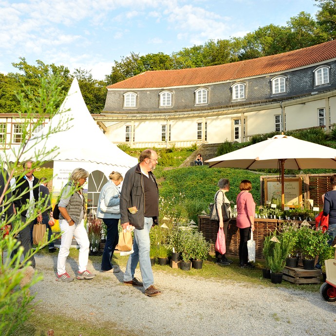 Vor dem Krummen Haus im LWL-Freilichtmuseum Detmold sind weiße Pagodenzelte aufgebaut, an denen Stauden und Pflanzen verkauft werden. Davor sind Menschen zu sehen, die an den Pagoden vorbeiflanieren. (Enlarged picture view opens)