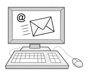 Ein Computer. Auf dem Bildschirm ist ein Brief und ein at Zeichen. Das symbolisiert eine E Mail