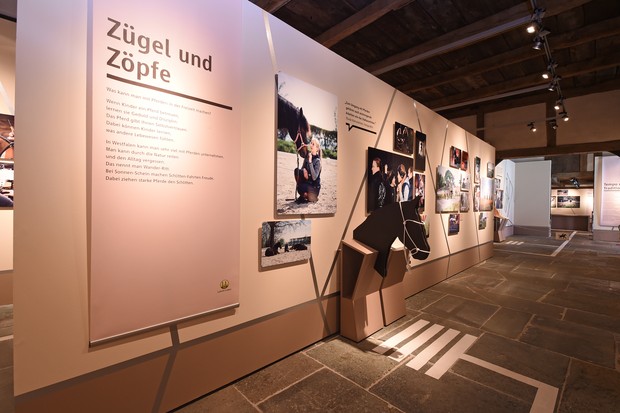 Blick in die Ausstellung: Links ist ein Text auf einem Banner zu sehen, daneben ein Pferdekopf aus Holz zum Anfassen. Auf den Wänden sind Fotos.