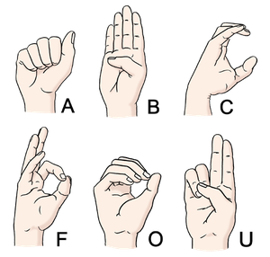 Sechs Hände. Die Hände zeigen in Gebärden-Sprache die Buchstaben A, B, C, F, O und U